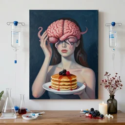 “ sensual, a portrait in a female art student ’ s apartment, pancakes, woman holding a brain from inside a painting, berries, octopus, surgical supplies, iv drip ; scientific glassware, art materials, a candle dripping white wax, ikebana, berry juice drips, neo - expressionism, surrealism, acrylic and spray paint and oilstick on canvas ”