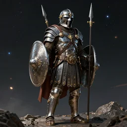 cyber punk Roman legionary in space in the year 3550 AD, spears, shields, amazing, art station, detail