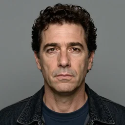 A mugshot portrait of a middle aged man who looks like Jerma985 with very short wavy hair, and wearing late 1990s menswear in the late 2000s, taken in the late 2000s, grainy, realistic, hyperrealistic, very realistic, highly detailed, very detailed, extremely detailed, detailed, trending on artstation, front facing, front view, headshot and bodyshot, detailed face, very detailed face
