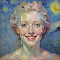 portrait of a beautiful empress, liquid paint dripping over face, airbrush strokes, intimate, pastel shades colors, beautiful face covered in paint, rule of thirds, spotlight, expressive, passionate smile, by tom bagshaw, by jeremy mann, by francoise nielly, by vincent van gogh, oil painting, 8 k