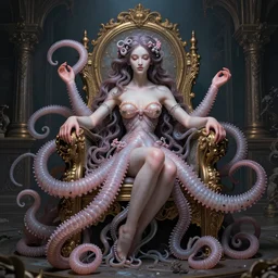 lovely medusa in her throne room, realistic, intricate, highly detailed, peter mohrbacher