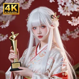 albino maiko with a long fancy hair, detailed, jewelry, sakura, photograph, award wining, red and white, trending on artstation, 4 k, neon highlights