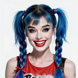 evil audrey hepburn as harley quinn, insane laugh, blue hairs, two long braids blue, no makeup, portrait shinkai makoto artgerm rossdraws james jean marc simonetti highly detailed intricate matte sharp focus digital painting artstation pixiv