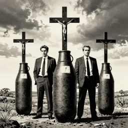godless politicians holding catholic crosses in front of bombs, stencil art by shag, tom whalen, artgerm, clean bold lines