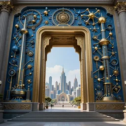 carved futuristic gateway at the end of ancient ornate steps with wide view of a city which details the vast scientific architectural and cultural achievements of ancient humankind, complex composition, molecules and machines, renato muccillo, andreas rocha, jorge jacinto, damian kryzwonos, ede laszlo, artstation, digital art, high contrast, cinematic blue and gold