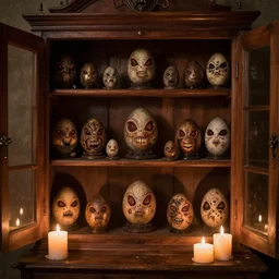 a large old wooden cabinet full of extremely detailed scary alien eggs, burning candels in front, beautifull low light
