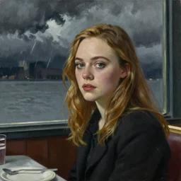 Elle Fanning at a diner, head and shoulders portrait, stormy weather, extremely detailed masterpiece, Roger Deakin’s cinematography, oil on canvas, Edward Hopper,