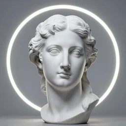 a renaissance statue head surrounded by a neon ring