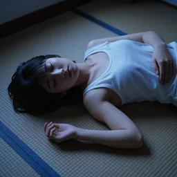 A long-shot, blue color photograph portrait of a sleeping young Japanese woman in sleeveless white shirt lying on her back on the futon on tatami, night, dark cool twilight, 1990 photo from Japanese photograph Magazine.