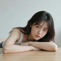 young woman leaning on a table, trending on artstation