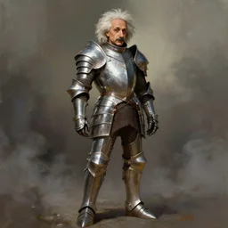 a beautiful illustration of einstein in a knight's armor, by greg rutkowski, brush strokes, dramatic composition, paladin, shiny armor, volumetric fog, fantasy art, featured on artstation, world of warcraft cinematic, full body portrait