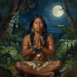 a beautiful painting of an amazonian male shaman healer sitting in the jungle, doing a prayer, ayahuasca, high detail painting, fantasy art, highly detailed, realistic face, starry sky with full moon, canopee