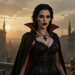 hd photo of a lady vampire, high definition, detailed, atmospheric lighting, golden hour, ominous, 8K detail post-processing, artstation