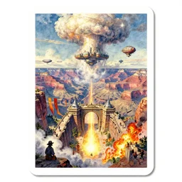 dixit card, vanishing point, docks, airships, banners, grand canyon, rock structures, gates, explosions, flak, skypirate, laputa, mist, porko rosso, foreground watcher, smoke, fire, crash, cumulonimbus, intricate, amazing composition, colorful watercolor, by ruan jia, by maxfield parrish, by shaun tan, by nc wyeth, by michael whelan, by escher, illustration, volumetric, bloom, sun puddle