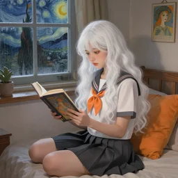 a girl in a jk uniform outfit in the bedroom reading a book in a night, raining outside the window, grey and orange theme ， wavy white long hair, by krenz cushart and mucha and akihito yoshida and greg rutkowski and vincent van gogh and monet, detailed eyes, 4 k resolution