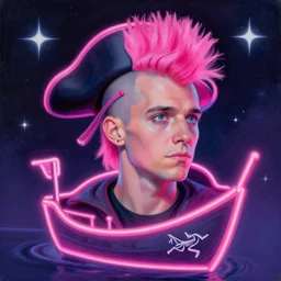 pirate neon ship, portrait big punk, pink, mohawk, beautiful clear faces by tom bagshaw, arcteryx, space, hyperdetailed illustration, stars, neon, oil painting, rich deep colors masterpiece, ultra detailed, contrast, heaven pink, clouds, volumetric light, atmospheric lighting, dramatic, cinematic, moody, octane render 4 k, 8 k