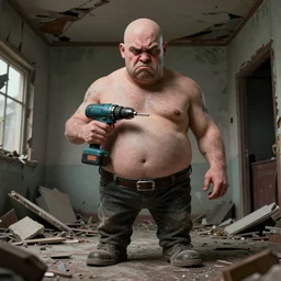 grumpy chunky bald man with electric drills! instead of hands, in a wrecked home, full body, hyperrealistic digital art masterpiece, highly detailed neo pop surrealism, jason limon kay sage hannah yata, dramatic lighting, low angle, uhd 8 k, sharp focus