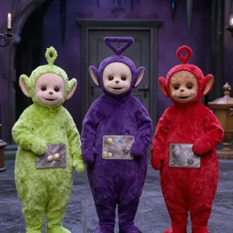 evil teletubbies the style of the tim burton movies. film still, movie still