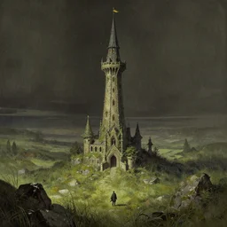 the wizard's tower in grassy rocky fields, art by tim hildebrandt, symmetry!!