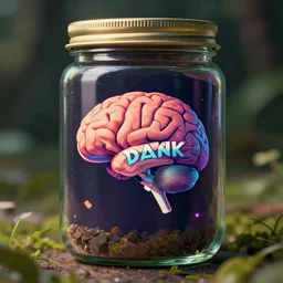 awesome logo on a jar of a brain with dank techno. synthwave colours, in the style of spirited away, hyperrealism, lush detail, award winning, trending on behance