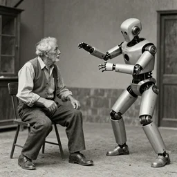 robot attacking an old man , old photograph , 1824 , 4k , HD , realistic