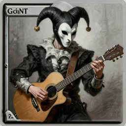 a person with a mask playing a guitar, young handsome pale roma, grim dark jester from gwent cards, an ultrafine detailed painting by aleksander orłowski, artstation contest winner, sots art, concept art, da vinci, sketchfab
