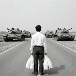 old historic photograph of a single person in white shirt, holding white grocery bags, standing on the road facing four battle tanks approaching him