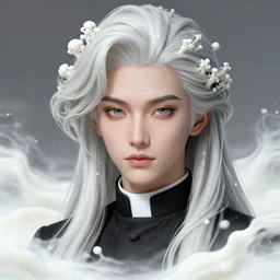 hyperdetailed close up fine art portrait of a beautiful streamlined priest in an ocean of white milk with mycelium hair, highly detailed, artstation, smooth, sharp focus illustration, artstation hq. intricate, elegant. art by wlop and artgerm and greg rutkowski, alphonse mucha, dan mumford, tomokazu matsuyama, takato yamamoto