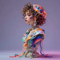 flume and former cover art future bass girl un wrapped statue bust curls of hair petite lush side view body photography model full body untouched art contrast vibrant futuristic fabric only skin jellyfish material style of Jonathan Zawada, Thisset colours simple background objective chaotic