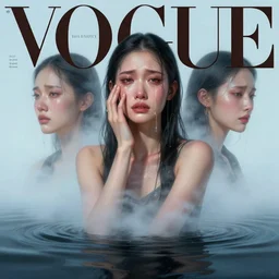 3 d, crying fashion model, light blue fog, liquid black water, morning, vogue cover style, poster art, high detail, intricate oil painting, multiple exposure, heaven mood, hyperrealism, 3 d, by tooth wu and wlop and beeple and greg rutkowski