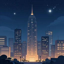 Megapolis skyline under starry sky, 2D cartoon