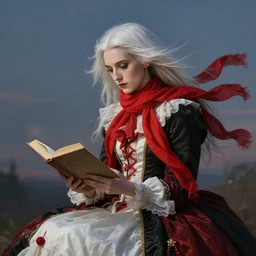 a vampire with long light white hair and a red scarf, windy, ribbons, stoic, dusk, modern maximalist harlequin fashion dress, is ( ( reading a book ) ). light dust, magnificent, hyperdetailed, theatrical, painted by jean honore fragonard and greg rutkowski