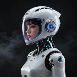 Photo of robot with 20yo girl inside, LEDs visor helmet, profile pose, bust shot, high detail, studio, black background, smoke, sharp, cyberpunk, 85mm Sigma Art lens,