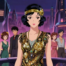 portrait of a beautiful girl with dark hair dressed in 1920\'s fashion with a sci fi twist, solar punk city background, rich vivid colors, ambient lighting, dynamic lighting, 4k, HQ, official media, anime key visual, syd mead, makoto shinkai, ilya kuvshinov, lois van baarle, rossdraws, detailed, trending on artstation