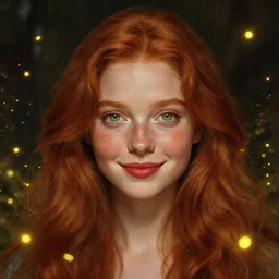 a highly detailed portrait of a red haired young woman, among golden fireflies and nature, long hair, green eyes, hint of freckles, round gentle face, cheeky smile with red lips, deep focus, smooth, sharp, golden ratio, elegant, digital painting by caravaggio and artgerm