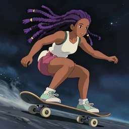 black woman with purple dreads longboarding in space in the style of ghibli