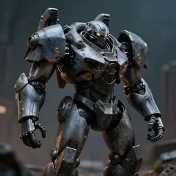 assassin battle mech, battle damaged, shallow depth of field, moody lighting, 8 k,