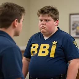 fbi confronting a fat kid, realistic, 8 k, extremely detailed, cgi, trending on artstation, hyper - realistic render, 4 k hd wallpaper, premium prints available, by greg rutkowski