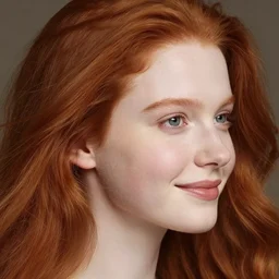 close up highly detailed portrait of a beautiful!!! pale girl with flowing red hairs, sideview!!!, side view, round pretty face, sweet smile, beautiful eyes. by greg rutkowski and gaston bussiere and craig mullins and j. c. leyendecker, hd