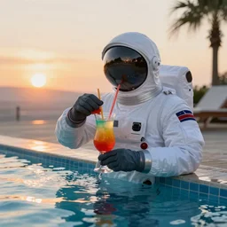 spaceman sipping a colored cocktail in a swimming pool during sunset - n 4
