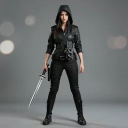 portrait photograph full body shot of a female assassin with daggers, bokeh, graflex camera, super resolution