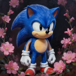 highly realistic oil painting of a human sonic, surrounded by pink flowers, by greg rutkowski, highly detailed, cinematic lighting, moody, dark
