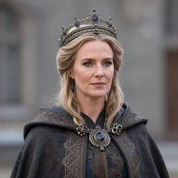 photo of a real! beautiful nordic queen with ornate crown and cloak, telephoto lens