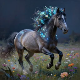 a stunning digital painting of a horse with a mane of bioluminescent flowers running through a field of flowers by greg rutkowski, flowercore, volumetric light, digital art, fine detail, photorealistic