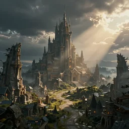 fantasy world city by Liam Wong dramatic lighting, cinematic establishing shot, extremely high detail, photorealistic, cinematic lighting