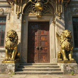 establishing shot, dwarfed by colossal brass lion statues, animation key shot of the great wing temple, ultra wide, door, stone steps, symmetrical statues, sunlight, ornate, rust, art deco, european, versailles, metal rivets, by ghibli, shinji kimura, fantastic architecture, dry, dapple sunlight, back lit