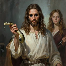 a detailed fantasy character painting of Klaus Schwab holding a snake, dressed like Jesus Christ, black glowing eyes, by lauri blank, artgerm, evelyn de morgan, 8K, 50mm lens