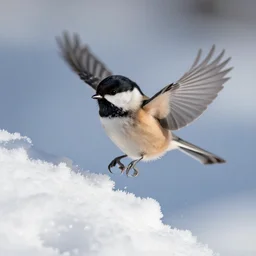 beautiful flying chickadee bird, snowy background, snowflakes, crisp, white, bright, sunny