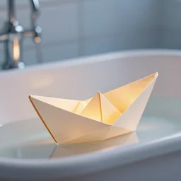 A magic glowing paper origami boat on a bathub, flying particle, 4k, digital art, artstation