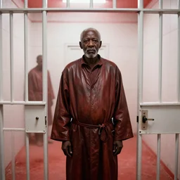 a cinematic portrait of an old african man dressed in leather robes, in a small brilliant white prison cell, red color theme, dust storm, annie leibovitz and zack snyder, 8 k, hd, high resolution, 8 5 mm, f / 1. 8